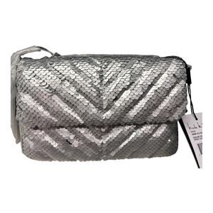 Nicole Miller Silver Sequin Crossbody Bag Chain Strap Convertible Clutch NWT